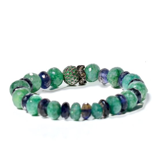 925 Sterling Silver Pave Emerald Diamond and Iolite Stretch Bracelet - Picture 4 of 4